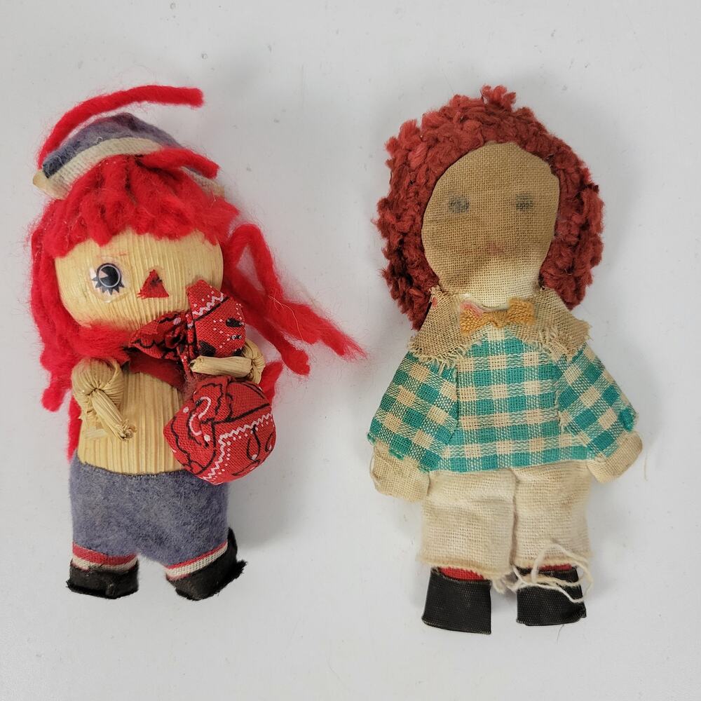 Vintage Raggedy Ann Andy Small Fabric Dolls 4" Christmas Ornaments